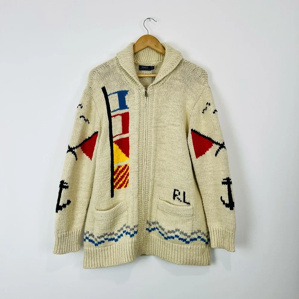 Polo Ralph Lauren Cream Boating Nautical Chunky Knit Zipped Cardigan UK L - Picture 1 of 15